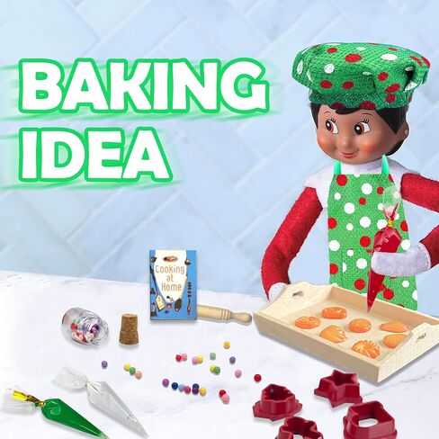 AMETUS 2024 Christmas Elf Accessories, Mini Elf Baker Kits, 2 Sets Apron and Hats,Mini Cookies, for Xmas Elf Doll Ideal Decorations, Rolling Pin, Cookie Cutters, Trays, Cookbook and Cream Decor, Red in Saudi Arabia