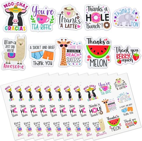 500 PCS Funny Stickers 10 Style Pun Appreciation Thank You Stickers - 1.5" Cow Llama Strawberry Elephant Patterns Stickers for Kids Teens Small Business Envelope Seals Gift Bag Skateboard Stickers in Saudi Arabia