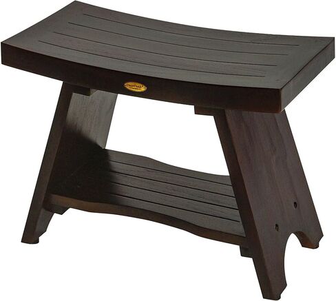 ديكو تايك مقعد استحمام خشبي غير مجمع من سيرينيتي، مقعد استحمام سبا مع مقعد منحني ورف من خشب الساج الطبيعي، مقعد قدم على الطراز الشرقي - بطول 18 انش in Kuwait