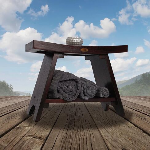 ديكو تايك مقعد استحمام خشبي غير مجمع من سيرينيتي، مقعد استحمام سبا مع مقعد منحني ورف من خشب الساج الطبيعي، مقعد قدم على الطراز الشرقي - بطول 18 انش in Kuwait