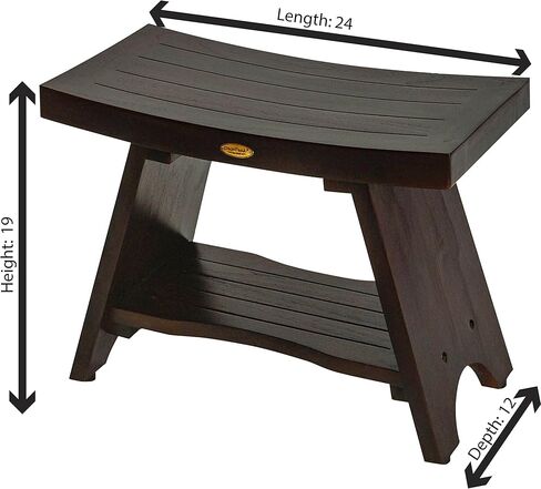 ديكو تايك مقعد استحمام خشبي غير مجمع من سيرينيتي، مقعد استحمام سبا مع مقعد منحني ورف من خشب الساج الطبيعي، مقعد قدم على الطراز الشرقي - بطول 18 انش in Kuwait