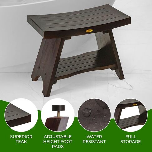 ديكو تايك مقعد استحمام خشبي غير مجمع من سيرينيتي، مقعد استحمام سبا مع مقعد منحني ورف من خشب الساج الطبيعي، مقعد قدم على الطراز الشرقي - بطول 18 انش in Kuwait