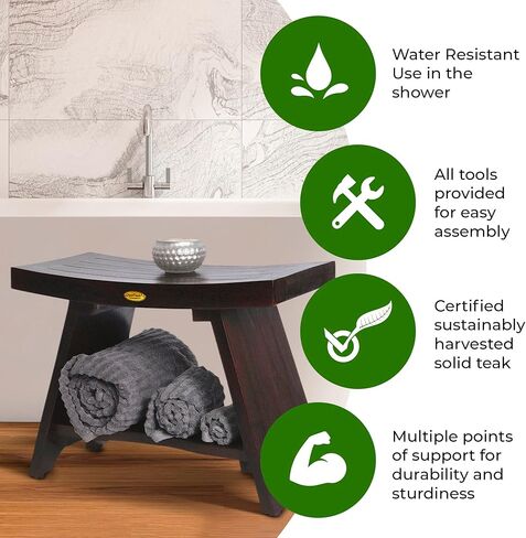 ديكو تايك مقعد استحمام خشبي غير مجمع من سيرينيتي، مقعد استحمام سبا مع مقعد منحني ورف من خشب الساج الطبيعي، مقعد قدم على الطراز الشرقي - بطول 18 انش in Kuwait