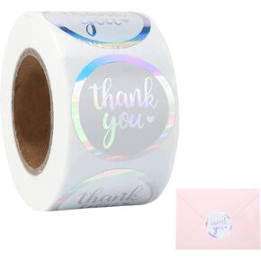 500Pcs Thank You Stickers for Packaging Gift Stickers Roll Thanksgiving Personalized Thank You Holographic Silver Rainbow Stickers for Small Business Envelope Card Gift