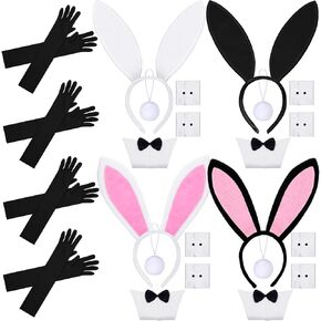 Tradder 24 Pcs Halloween Bunny Costume for Women Rabbit Outfit Accessories Include Bunny Ear Headband Rabbit Collar Bow Tie Cuffs Tail Long Gloves Halloween Cosplay Party, Black, White, Pink