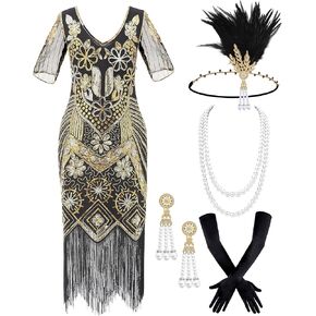 Women's Flapper Dress 1920s Vintage Fringed Sequin Dress Great Gatsby 1920s dresses Set for Women Halloween Party