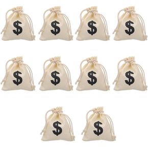 10Pcs Canvas Money Bags for Party, Money Bag Pouch with Drawstring, Costume Money Bag with Sign Symbol Novelty Party Favors Props 3.9x4.7 inch (Beige)