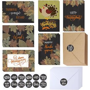 120 Sets Bulk Thanksgiving Cards with Envelopes Stickers Assortment 6 Designs Blank Vintage Fall Leaves Turkey Chalkboard Greeting Cards Blank Holiday Harvest Cards Give Thanks Cards 4x6