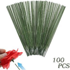 100 Pcs Floral Wire Artificial Flower Stem Metal Bendable Plastic Fake Rose Stick Flores Eterna Twisting Rod Arrangement Supplies Wrapping DIY Craft (10 inch / 25 cm, Dark Green)