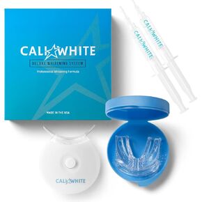 Cali White Teeth Whitening Strip Kit with LED Light + Batteries - Organic Peroxide Teeth Whitening Gel - Set of White Strips for Teeth Whitening - 2x5ml Syringes, Thermoform Whitening Trays & Case