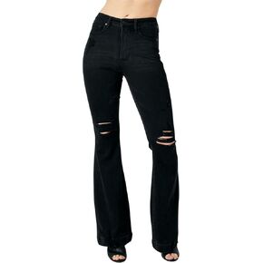 Judy Blue Women's High-Rise Tummy Control Destroy Black Flare Jeans 88622 (Black, 16 Plus)