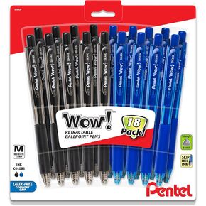 Pentel Wow! Retractable Ballpoint Pen - Black And Blue Ink Pens Medium Point - 1.0mm - 18 pack (9 Black & 9 Blue) - Triangle Pens - Model Wow Bk440