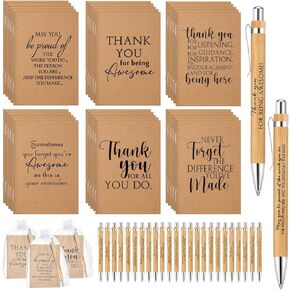 Teling 30 Sets Employee Appreciation Gifts Include Thank You Notebooks Inspirational Bamboo Wooden Retractable Ballpoint Pen with Organza Bag Notebook Journal for Team Halloween Christmas Gift