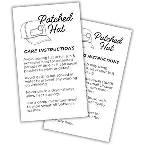 Trucker Patched Hat Care Washing Instruction Cards | 50pk 2x3.5" Patches Bulk Hat Bar Chains Charms Press Iron On Supplies Display Heat Press Accessories