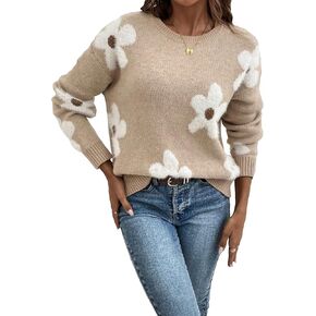 SOLY HUX Women's Floral Pattern Long Sleeve Sweaters Drop Shoulder Crew Neck Pullover Tops