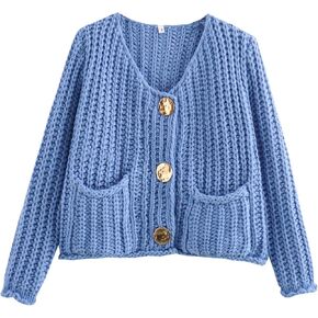 Chevara Women’s Cropped Knit Cardigan Long Sleeve Crewneck Button Down Fall Sweater with Pockets