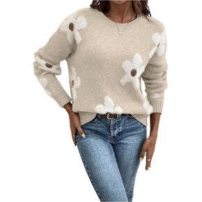 SOLY HUX Women's Floral Pattern Long Sleeve Sweaters Drop Shoulder Crew Neck Pullover Tops