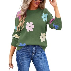Angashion Womens Sweaters Flower Print - Crewneck Knitted Long Sleeve Sweaters Fall Winter Pullover Casual Top