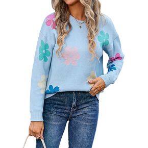 Angashion Womens Sweaters Flower Print - Crewneck Knitted Long Sleeve Sweaters Fall Winter Pullover Casual Top