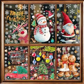 Christmas Window Clings, 8 Sheets 285Pcs Christmas Window Stickers, Reindeer Window Clings Christmas Decorations, Snowman Gingerbread Man Christmas Window Cling, Santa Claus Window Decorations