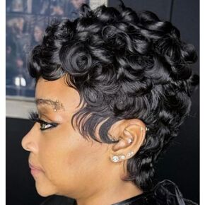 Short Pixie Wavy Cut Wigs Black Pixie Cut Wig for Women Natural Short Hair Wigs Pixie Cut Curly Wig with Bangs Synthetic Black Layered Wavy Wigs for Women Heat Resistant Wigs 1B Wig(Off Black)