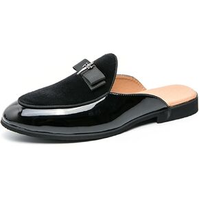 Men's Bowtie Patent Leather Slip-On Mules Slippers,Flats Stylish Formal Backless Loafers Work Slides Casual Half Loafers Sandals