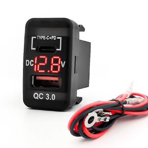 [RED] Upgraded Dual Port PD/QC3.0 Quick Charger with Blue LED Digital Voltmeter Replacement for Toyota, Compatible with Cellphone iPad Laptop GPS (Surface Size 1.57 x 0.87 inches)
