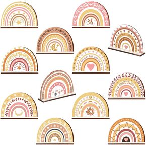 Geelin 12 Pcs Boho Rainbow Wooden Table Centerpieces, Birthday Party Sign Boho Rainbow Party Decorations Rainbow Centerpiece for Tables Baby Shower Boys Girls Birthday Party Supplies Ornament