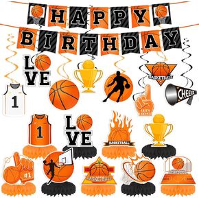 18pcs Basketball Birthday Party Decorations Banner Honeycomb Centerpieces Hanging Swirls for Boys Basketball Themed Party Decorations