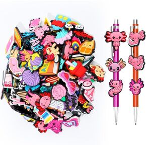 100 Pieces Cute Axolotl Pencil Toppers for Kids, Different Decorative Bulk PVC Animal Fruit Pen Topper Random Cool Pencil Charms Pencil Clips Decorations for School Prize, Classroom Reward, Gift Idea