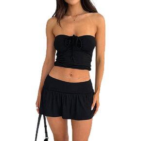 Sdencin Sexy Y2K Mini Skirt Set Women Sleeveless Ruched Bandage Crop Strapless Tube Top Pleated Skirt 2 Piece Set Outfit