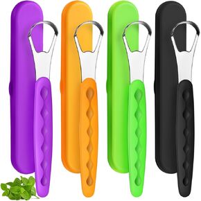 4 Pcs Tongue Scraper Cleaner Adults and Kids Stainless Steel Tongue Brush Metal Tongue Scraper Reduce Bad Breath with Travel Cases for Men Women Oral Mouth, Orange, Black, Green and Blue