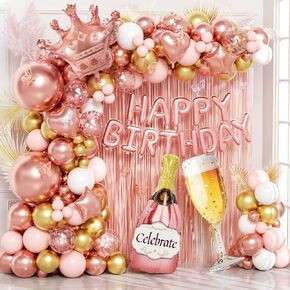 Rose Gold Birthday Decorations for Women, Happy Birthday Decorations with Fringe Curtains, Butterfly Decorations,Rose Gold Balloon Arch Kit for 16th 21st 25 30 40 50th Birthday Decor