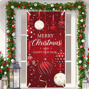 Christmas Door Cover Merry Christmas Fabric Front Door Banner Christmas Ball Backdrop Door Decoration for New Year Holiday Indoor Outdoor Decoration, 70.9 x 35.4 Inch