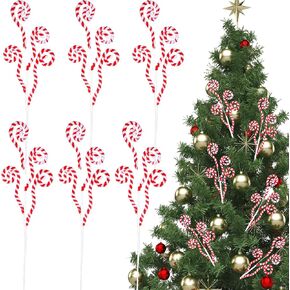 6 Pcs 16 Inch Red White Christmas Tree Picks Decoration Candy Cane Woolen Curly Pick Lollipop Large for Xmas Tree Topper Decor Home Vase Filler Craft Wreath Holiday Party Ornament Garland