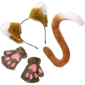 Cute Faux Fur Cat Ears Headband and Tail Set for Adult, Furry Animal Accessories Halloween Cosplay Costume
