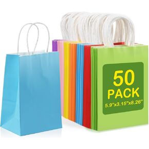 Cegzer 50 Pcs Paper Gift Bags, 5.9x3.15x8.26 Inch Colorful Kraft Paper Party Favor Bags with Handles for Wedding , Kids Birthday, Retail Shopping Bags, Party Favors Bags , Goody and Business, Small Gift Bags with Handles BulK , 7 Colors