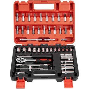 CARTMAN 53 Pieces 1/4 inch Drive Socket Ratchet Wrench Tool Set, with Bit Socket Set Metric and Extension Bar for Auto Repairing and Household, with Storage Case