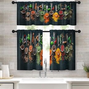 Kitchen Curtains 3 Piece Set,Black Curtains for Kitchen Windows,Colourful Various Herbs And Spices Dark Nature Kitchen Leaf Menu Metal Kitchen Curtains Valance for Cafe Living Room Window Decor