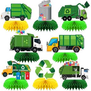 8 Pcs Garbage Truck Party Decoration, Trash Truck Theme Honeycomb Centerpieces 3D Double Sided Table Decorations, Photo Booth Props for Kids Boys Girls Birthday Party Supplies