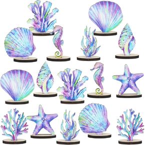 16 Pieces Mermaid Party Decorations Under the Sea Mermaid Bee Disco Dinosaur Table Centerpiece DIY Wood Bee Disco Table Decor for Ocean Bee Disco Dinosaur Theme Birthday Baby Shower (Mermaid)