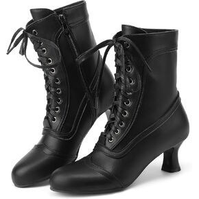 Women Victorian Boots Lace Up Ankle Boots Round Toe Kitten Heel Vintage Booties Side Zipper