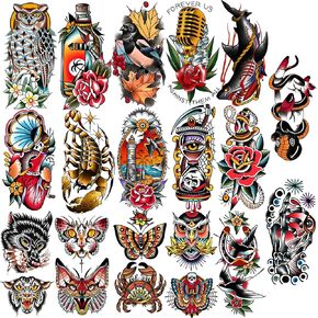 77 Sheets Classic Temporary Tattoos Old School Vintage Colorful Realistic Half Arm Fake Tattoo Stickers Flower Butterfly Snake Owl Shark for Men Women and Kids Tattoos