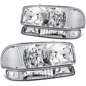 Headlights with Bumper Lamps Compatible with 99-07 GMC Sierra 1500 2500 3500/00-06 Yukon,Chrome Housing Clear Corner Clear Lens