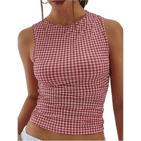 Milumia Women's Gingham Mock Neck Ruched Tank Top Sleeveless Fiited Tops