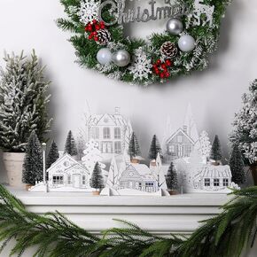 Marsui White Christmas Village Houses Sets Wooden Christmas Mantel Decoration with Xmas Tree Farmhouse Signs Village House Table Decoration for Home Indoor Holiday Party Decor