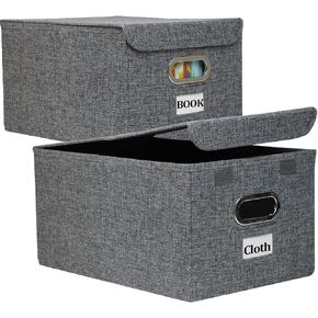 Set of 2 Large Storage Bin with Lid, Sturdy Linen Foldable Storage Bins for Organizing, 17x12x8.8", Clothes Storage Containers, Organizer Box for Clothing, Sweater, Sheet, Office, Wardrobe, Car