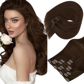 Sunny Clip in Hair Extensions Real Human Hair 120G Chocolate Brown Clip in Hair Extensions Brown Real Hair Extensions Clip in Human Hair #4 Medium Brown Can Be Toned 14inch 7pcs