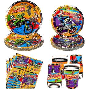 Dirt Bike Party Supplies Serves 20 , Includes Plates, Cups, Napkins, for Kids Boys Girls Motorcycle Extreme Sports Birthday Decorations (Serve 20)