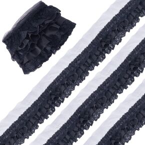GORGECRAFT 2 Yards 11cm Wide Pleated Chiffon Lace Trim 3-Layer Black Ruffled Lace Ribbon Floral Embroidered Gathered Edging Trimmings Fabric with 5.5cm Width Tulle for DIY Sewing Craft Dress Decor
